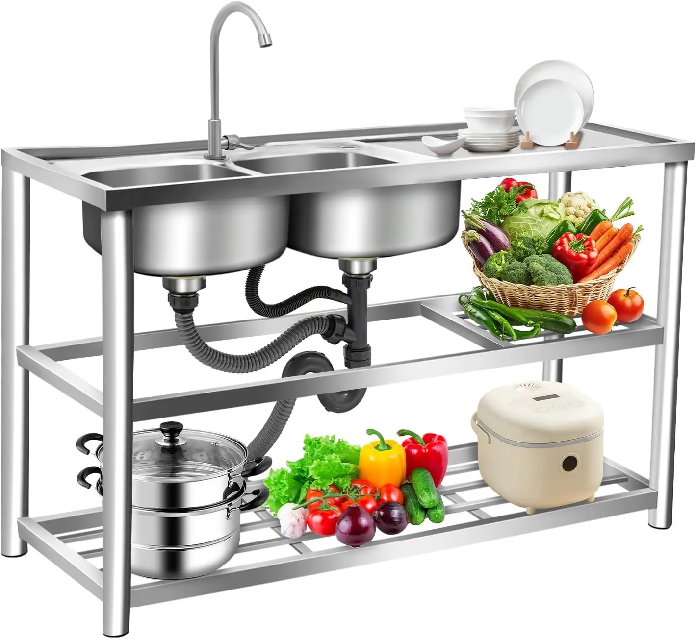 Commercial Kitchen Sink - 3-poziomowy wolnostojący zlew ze stali nierdzewnej,